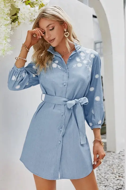 Blue Linen Boho Dress Shirt Dress Boho Clothing Women Fringe Midi Dress  Long Sleeve Jacket Dress Button up Western Dress/ Light Blue 