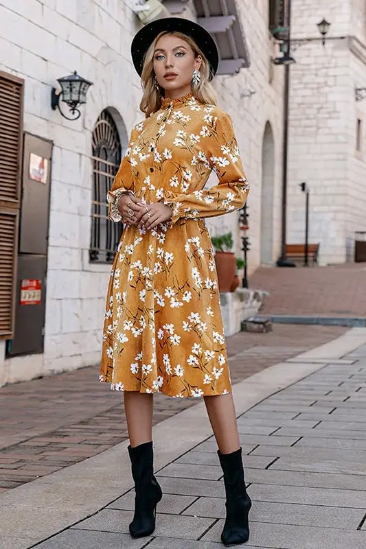 Floral Bohemian Slim Midi Dress High Waist Long Sleeve Retro