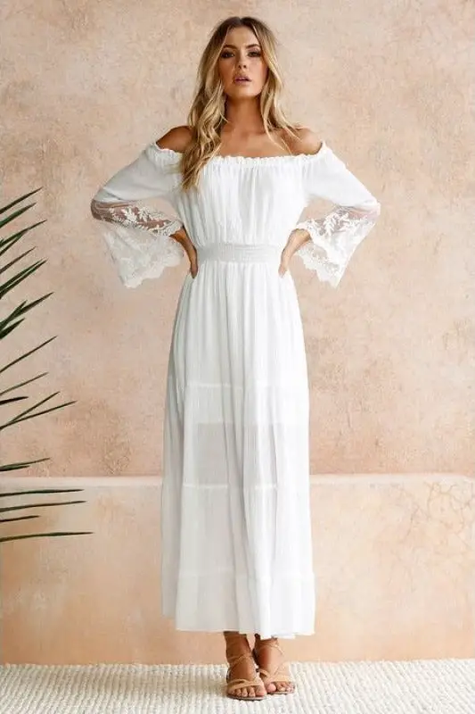 Boho Women Maxi Dress Embroidery White Lace long Beach Dress Women Clothing